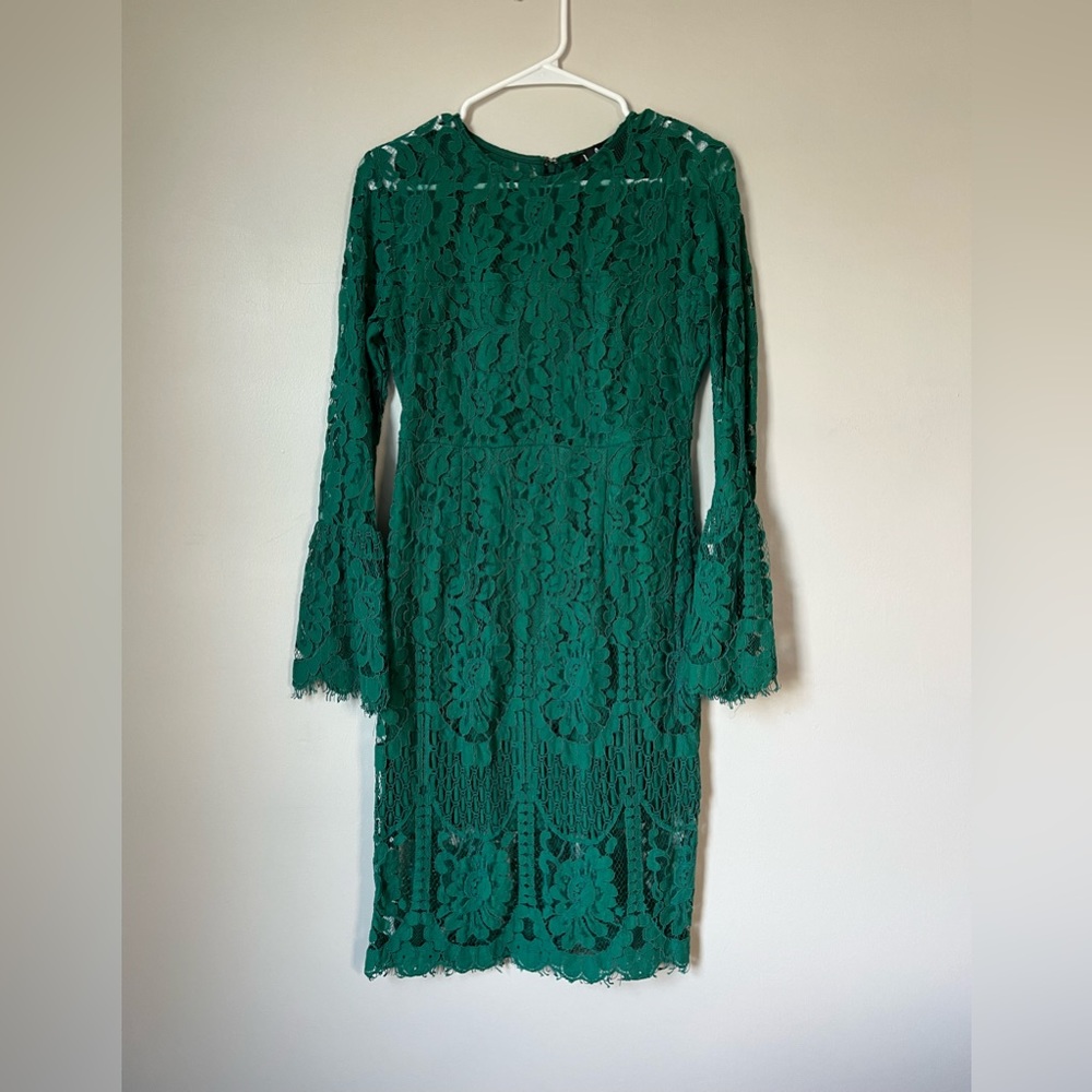 Lulus Green Lace Long Sleeve Midi Dress, size medium
